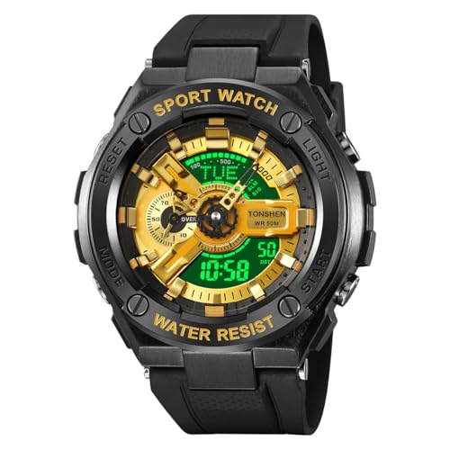 TONSHEN Herren Sport Digital Outdoor Militär Wasserdicht Uhren LED Analog Quarz DREI Zeit Alarm Countdown Armbanduhr (Gelb) von TONSHEN