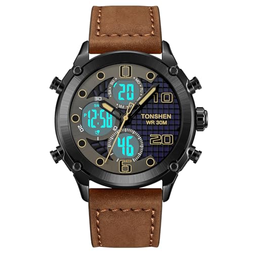 TONSHEN Herren Sport Digital Uhren Elektronik Alarm Analog Quarz DREI Zeit Digitaluhr Outdoor Sportuhr Groß Edelstahl Lünette mit Leder Band Armbanduhr (Braun) von TONSHEN