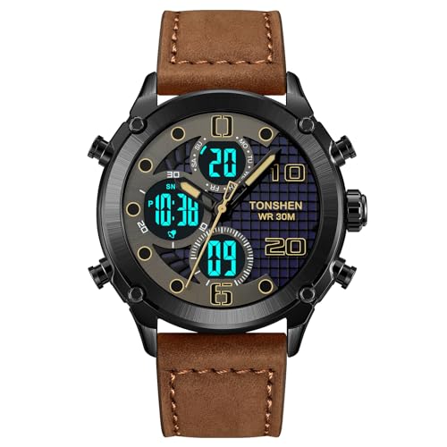 TONSHEN Herren Sport Digital Uhren Elektronik Alarm Analog Quarz DREI Zeit Digitaluhr Outdoor Sportuhr Groß Edelstahl Lünette mit Leder Band Armbanduhr (Braun 2) von TONSHEN