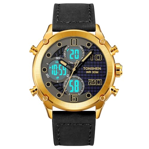 TONSHEN Herren Sport Digital Uhren Elektronik Alarm Analog Quarz DREI Zeit Digitaluhr Outdoor Sportuhr Groß Edelstahl Lünette mit Leder Band Armbanduhr (Gold) von TONSHEN