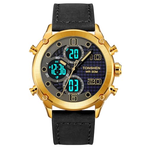 TONSHEN Herren Sport Digital Uhren Elektronik Alarm Analog Quarz DREI Zeit Digitaluhr Outdoor Sportuhr Groß Edelstahl Lünette mit Leder Band Armbanduhr (Gold 2) von TONSHEN