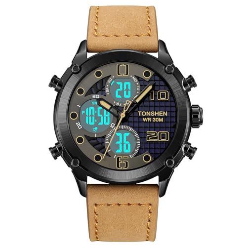 TONSHEN Herren Sport Digital Uhren Elektronik Alarm Analog Quarz DREI Zeit Digitaluhr Outdoor Sportuhr Groß Edelstahl Lünette mit Leder Band Armbanduhr (Hellbraun) von TONSHEN