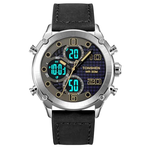 TONSHEN Herren Sport Digital Uhren Elektronik Alarm Analog Quarz DREI Zeit Digitaluhr Outdoor Sportuhr Groß Edelstahl Lünette mit Leder Band Armbanduhr (Silber 2) von TONSHEN