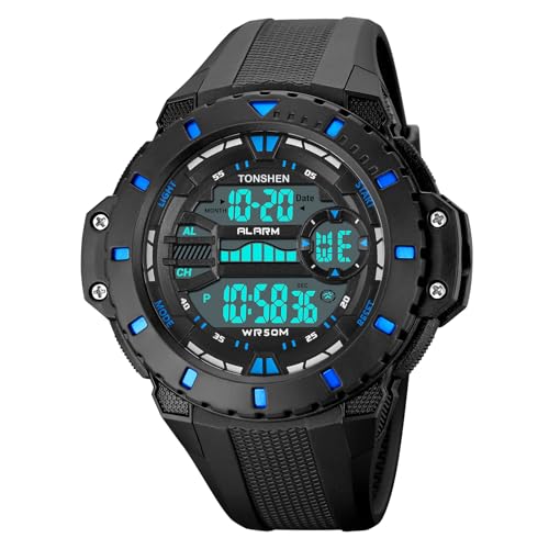 TONSHEN Herren Sport Digital Wasserdicht LED Elektronik Alarm Outdoor Plastik Kautschuk Uhren (Blau) von TONSHEN