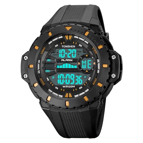 TONSHEN Herren Sport Digital Wasserdicht LED Elektronik Alarm Outdoor Plastik Kautschuk Uhren (Gelb) von TONSHEN