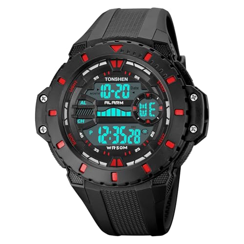 TONSHEN Herren Sport Digital Wasserdicht LED Elektronik Alarm Outdoor Plastik Kautschuk Uhren (Rot) von TONSHEN