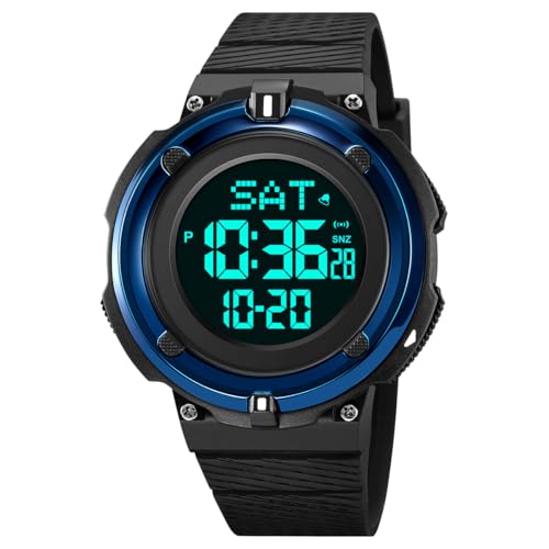 TONSHEN Herren Sport Digital Wasserdicht Plastik Uhren Outdoor Militär Multifunktional LED Elektronik Doppelte Zeit Armbanduhr (Blau) von TONSHEN