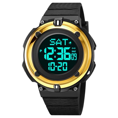 TONSHEN Herren Sport Digital Wasserdicht Plastik Uhren Outdoor Militär Multifunktional LED Elektronik Doppelte Zeit Armbanduhr (Gold) von TONSHEN