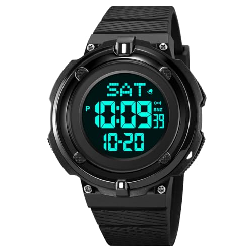 TONSHEN Herren Sport Digital Wasserdicht Plastik Uhren Outdoor Militär Multifunktional LED Elektronik Doppelte Zeit Armbanduhr (Schwarz) von TONSHEN