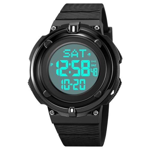 TONSHEN Herren Sport Digital Wasserdicht Plastik Uhren Outdoor Militär Multifunktional LED Elektronik Doppelte Zeit Armbanduhr (Schwarz Weiß) von TONSHEN