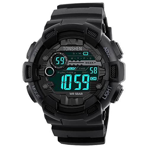 TONSHEN Herren Sport Uhr 50M Wasserdicht Armbanduhr LED Outdoor Digitaluhr für Männer Militär Plastik Uhren Silikon Band Stoppuhr Datum EL Licht von TONSHEN