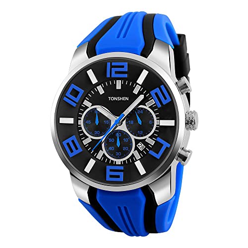 TONSHEN Herren Sport Uhr Weiche Silikon Band Edelstahl Lünette Analog Quarzuhr Unabhängige Kleine Zifferblatt Doppel Zeit Schlichtes Uhren 12H/24H Kalender Datum Armbanduhr für Männer Jungen (Blau) von TONSHEN
