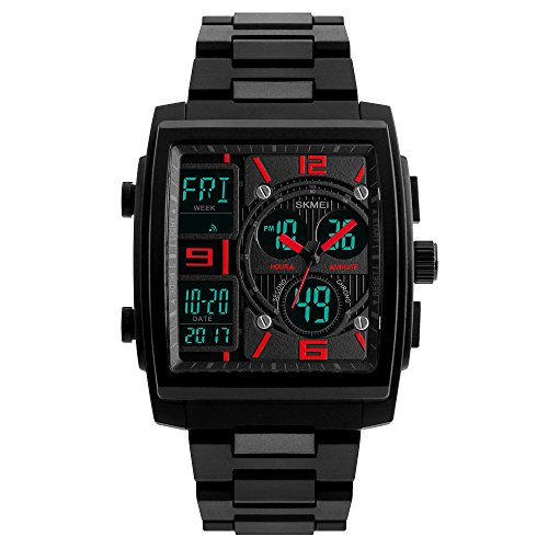 TONSHEN Herren Multifunktionale Armbanduhr Plastik LED Digital Uhr Outdoor Military Tactical Sport Uhren Analog Quarzuhr Mode Uhren 50M Wasserdicht (Rot) von TONSHEN