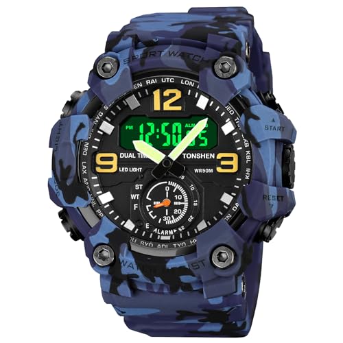 TONSHEN Herren Sport Uhr Outdoor Militär Wasserdicht Uhren LED Analog Quarz DREI Zeit Digitaluhr Alarm Countdown Armbanduhr (Blau) von TONSHEN