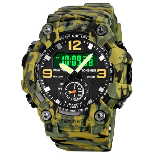 TONSHEN Herren Sport Uhr Outdoor Militär Wasserdicht Uhren LED Analog Quarz DREI Zeit Digitaluhr Alarm Countdown Armbanduhr (Gelb) von TONSHEN