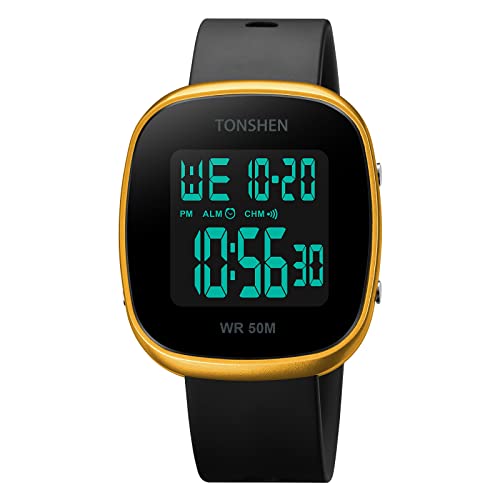 TONSHEN Herren Sport Uhr Outdoor Sportuhr 50M Wasserdicht LED Elektronik Digitaluhr Plastik Lünette und Kautschuk Band Uhren Alarm Datum Armbanduhr (Gelb) von TONSHEN