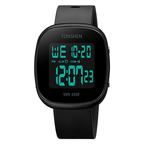 TONSHEN Herren Sport Uhr Outdoor Sportuhr 50M Wasserdicht LED Elektronik Digitaluhr Plastik Lünette und Kautschuk Band Uhren Alarm Datum Armbanduhr (Schwarz) von TONSHEN