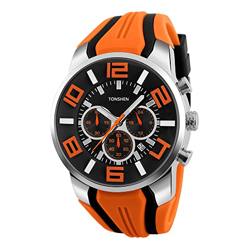 TONSHEN Herren Sport Uhr Weiche Silikon Band Edelstahl Lünette Analog Quarzuhr Unabhängige Kleine Zifferblatt Doppel Zeit Schlichtes Uhren 12H/24H Kalender Datum Armbanduhr für Männer Jungen (Orange) von TONSHEN