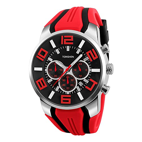 TONSHEN Herren Sport Uhr Silikon Band Edelstahl Lünette Analog Quarzuhr Doppel Zeit Schlichtes Uhren 12H/24H Kalender Datum Armbanduhr für Männer, Rot von TONSHEN