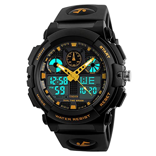 TONSHEN Herren Sport Uhren 50M Wasserdicht Analog Quarzuhr LED Doppel Zeit Digitaluhr Plastik Armbanduhr mit Kautschuk Band von TONSHEN