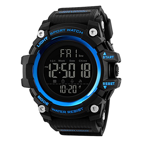 TONSHEN Herren Sport Uhren 50M Wasserdicht Groß Plastik Lünetten mit Kautschuk Band Digitaluhr LED Elektronik Countdown Doppelte Zeit Alarm Armbanduhr (Blau) von TONSHEN