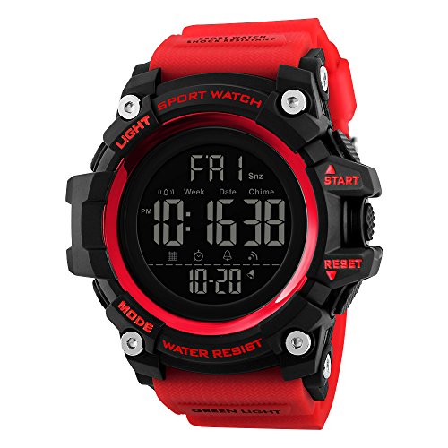 TONSHEN Herren Sport Uhren 50M Wasserdicht Groß Plastik Lünetten mit Kautschuk Band Digitaluhr LED Elektronik Countdown Doppelte Zeit Alarm Armbanduhr (Rot) von TONSHEN