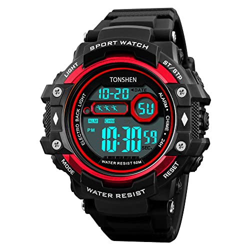 TONSHEN Herren Sport Uhren 50M Wasserdicht LED Elektronik Digitalhuhr Doppelte Zeit Alarm Stoppuhr Outdoor Militär Uhren Armbanduhren (Rot) von TONSHEN