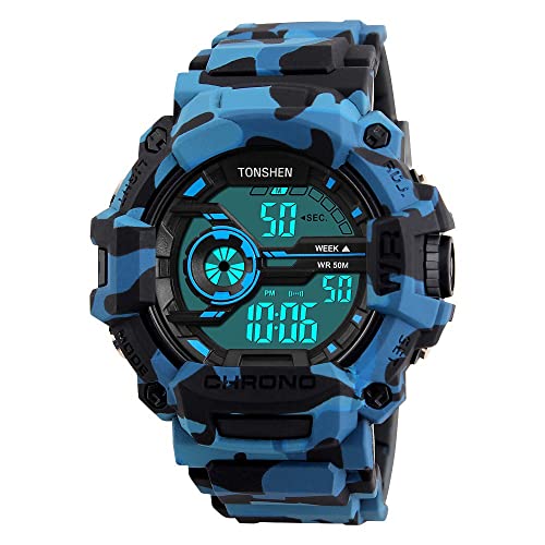 TONSHEN Herren Sport Uhren Digitaluhr 50M Wasserdicht Armbanduhr Outdoor Militär Tactical LED Licht Stoppuhr Alarm Mode Uhr Plastik mit Silikon Band (Blau) von TONSHEN
