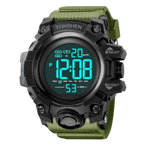 TONSHEN Herren Sport Uhren Wasserdicht Digitaluhr LED Elektronik Countdown Doppelte Zeit Alarm Armbanduhr (Grün) von TONSHEN