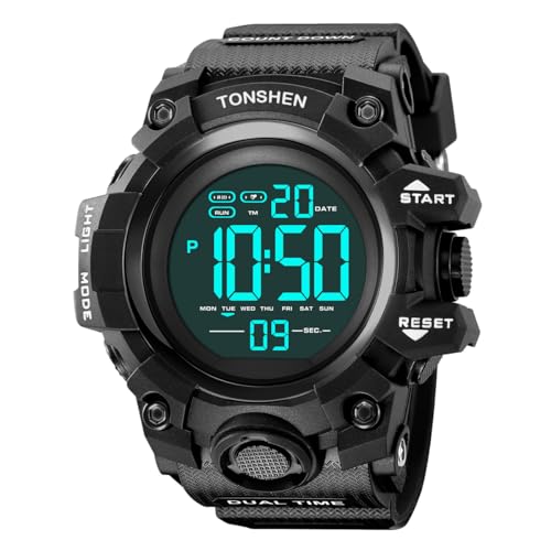 TONSHEN Herren Sport Uhren Wasserdicht Digitaluhr LED Elektronik Countdown Doppelte Zeit Alarm Armbanduhr (Schwarz) von TONSHEN