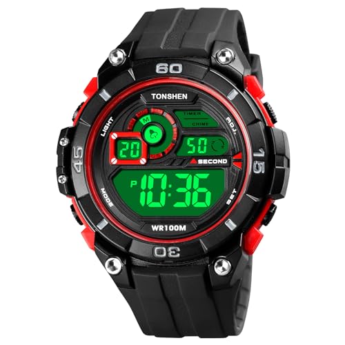 TONSHEN Herren Uhr Digitaluhr Outdoor Wasserdicht Sportuhr Doppelte Zeit Alarm Countdown Stoppuhr Multifunktional LED Elektronik Plastik Uhren (Rot) von TONSHEN