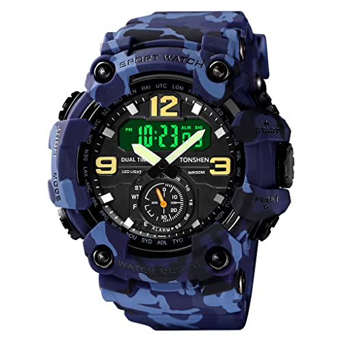 TONSHEN Herren Uhr Digitaluhr Sportuhr Analog Quarz LED Elektronik DREI Zeit 50M Wasserdicht Outdoor Militär Uhren Alarm Datum Stoppuhr Plastik Armbanduhr (Blau Camo) von TONSHEN