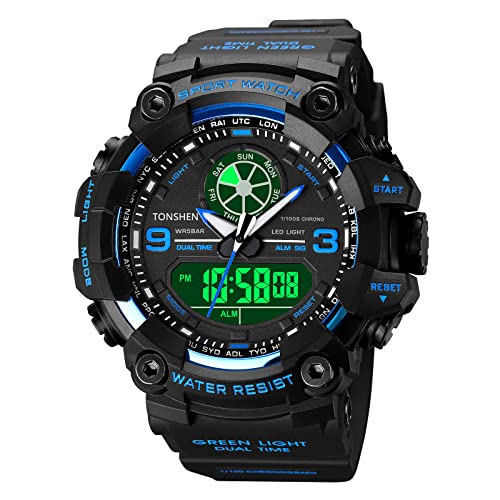 TONSHEN Herren Uhren Sportuhr Digitaluhr LED Elektronik Analog Quarz Double Zeit Outdoor Militär Uhr Multifunktional 50M Wasserdicht (Blau) von TONSHEN
