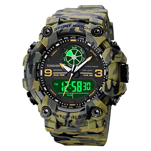 TONSHEN Herren Uhren Sportuhr Digitaluhr LED Elektronik Analog Quarz Double Zeit Outdoor Militär Uhr Multifunktional 50M Wasserdicht (Grün) von TONSHEN