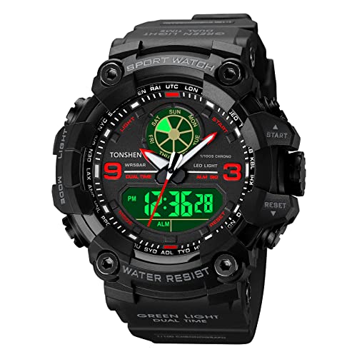 TONSHEN Herren Uhren Sportuhr Digitaluhr LED Elektronik Analog Quarz Double Zeit Outdoor Militär Uhr Multifunktional 50M Wasserdicht (Rot) von TONSHEN