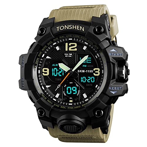TONSHEN Herren Wasserdicht Digital Sport Uhren Multifunktional LED Elektronik Analog Quarz Double Zeit Outdoor Militär Stoppuhr Alarm Armbanduhren (Gelb) von TONSHEN