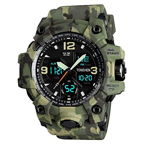 TONSHEN Herren Wasserdicht Digital Sport Uhren Multifunktional LED Elektronik Analog Quarz Double Zeit Outdoor Militär Stoppuhr Alarm Armbanduhren (Grün Camo) von TONSHEN