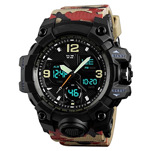 TONSHEN Herren Wasserdicht Digital Sport Uhren Multifunktional LED Elektronik Analog Quarz Double Zeit Outdoor Militär Stoppuhr Alarm Armbanduhren (Rot Camo) von TONSHEN