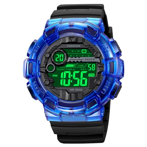TONSHEN Herren Wasserdicht Sport Uhren Plastik mit Kautschuk Digitaluhr LED Elektronik Countdown Doppelte Zeit Alarm Multifunktional Armbanduhr (Blau) von TONSHEN