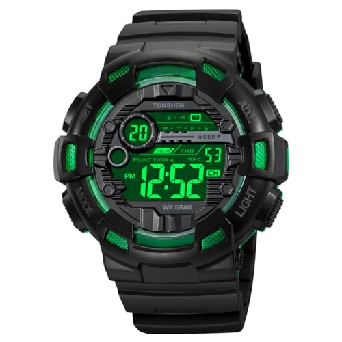 TONSHEN Herren Wasserdicht Sport Uhren Plastik mit Kautschuk Digitaluhr LED Elektronik Countdown Doppelte Zeit Alarm Multifunktional Armbanduhr (Grün) von TONSHEN