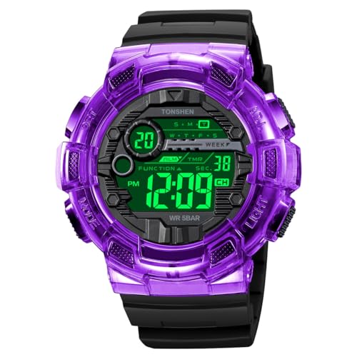 TONSHEN Herren Wasserdicht Sport Uhren Plastik mit Kautschuk Digitaluhr LED Elektronik Countdown Doppelte Zeit Alarm Multifunktional Armbanduhr (Lila) von TONSHEN