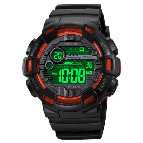 TONSHEN Herren Wasserdicht Sport Uhren Plastik mit Kautschuk Digitaluhr LED Elektronik Countdown Doppelte Zeit Alarm Multifunktional Armbanduhr (Rot) von TONSHEN