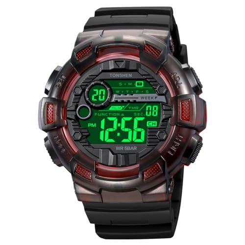 TONSHEN Herren Wasserdicht Sport Uhren Plastik mit Kautschuk Digitaluhr LED Elektronik Countdown Doppelte Zeit Alarm Multifunktional Armbanduhr (Transparent Rot) von TONSHEN