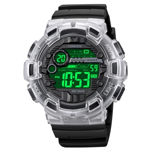 TONSHEN Herren Wasserdicht Sport Uhren Plastik mit Kautschuk Digitaluhr LED Elektronik Countdown Doppelte Zeit Alarm Multifunktional Armbanduhr (Transparent Weiß) von TONSHEN