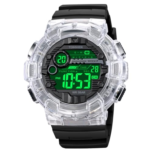 TONSHEN Herren Wasserdicht Sport Uhren Plastik mit Kautschuk Digitaluhr LED Elektronik Countdown Doppelte Zeit Alarm Multifunktional Armbanduhr (Weiß) von TONSHEN