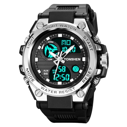 TONSHEN Herren Wasserdicht Uhr Digitaluhr Sportuhr Analog Quarz LED Elektronik Plastik Uhren (Silber) von TONSHEN