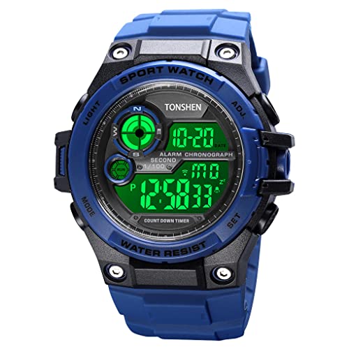 TONSHEN Herren Wasserdicht Uhren LED Elektronik Digitaluhr Outdoor Sportuhr Doppelte Zeit Alarm Stoppuhr Plastik Uhren (Blau) von TONSHEN