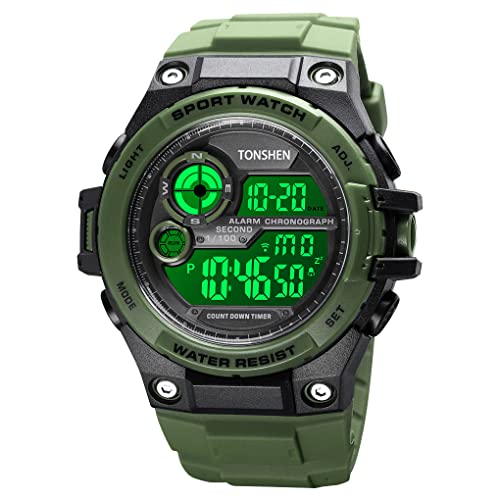 TONSHEN Herren Wasserdicht Uhren LED Elektronik Digitaluhr Outdoor Sportuhr Doppelte Zeit Alarm Stoppuhr Plastik Uhren (Grün) von TONSHEN