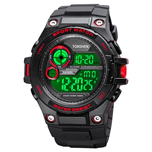 TONSHEN Herren Wasserdicht Uhren LED Elektronik Digitaluhr Outdoor Sportuhr Doppelte Zeit Alarm Stoppuhr Plastik Uhren (Rot) von TONSHEN