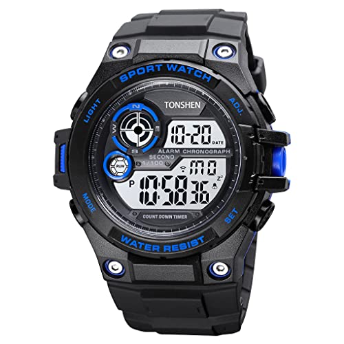 TONSHEN Herren Wasserdicht Uhren LED Elektronik Digitaluhr Outdoor Sportuhr Doppelte Zeit Alarm Stoppuhr Plastik Uhren (Schwarz-Blau) von TONSHEN